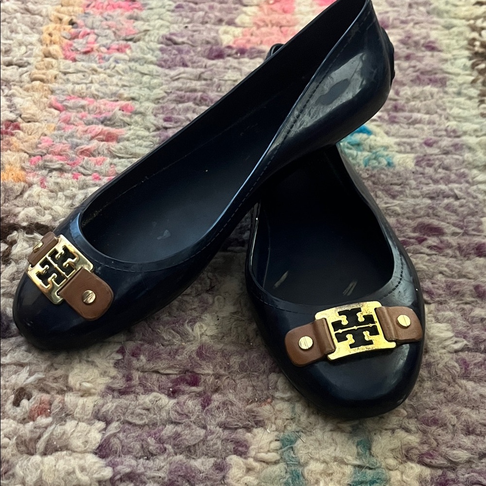 Tory Burch Navy Flats with Gold Emblem